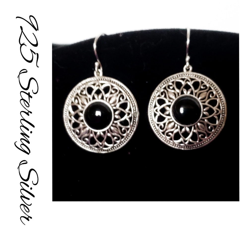 925 Sterling Round Medallion Dangle Hook in Earrings Black Inlay